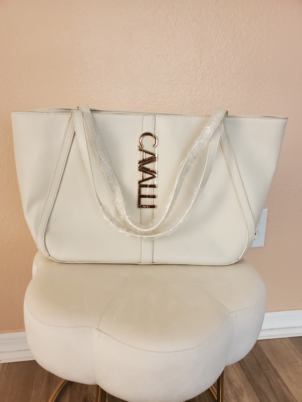 Cavalli Class Cream Leather Tote with Gold Logo